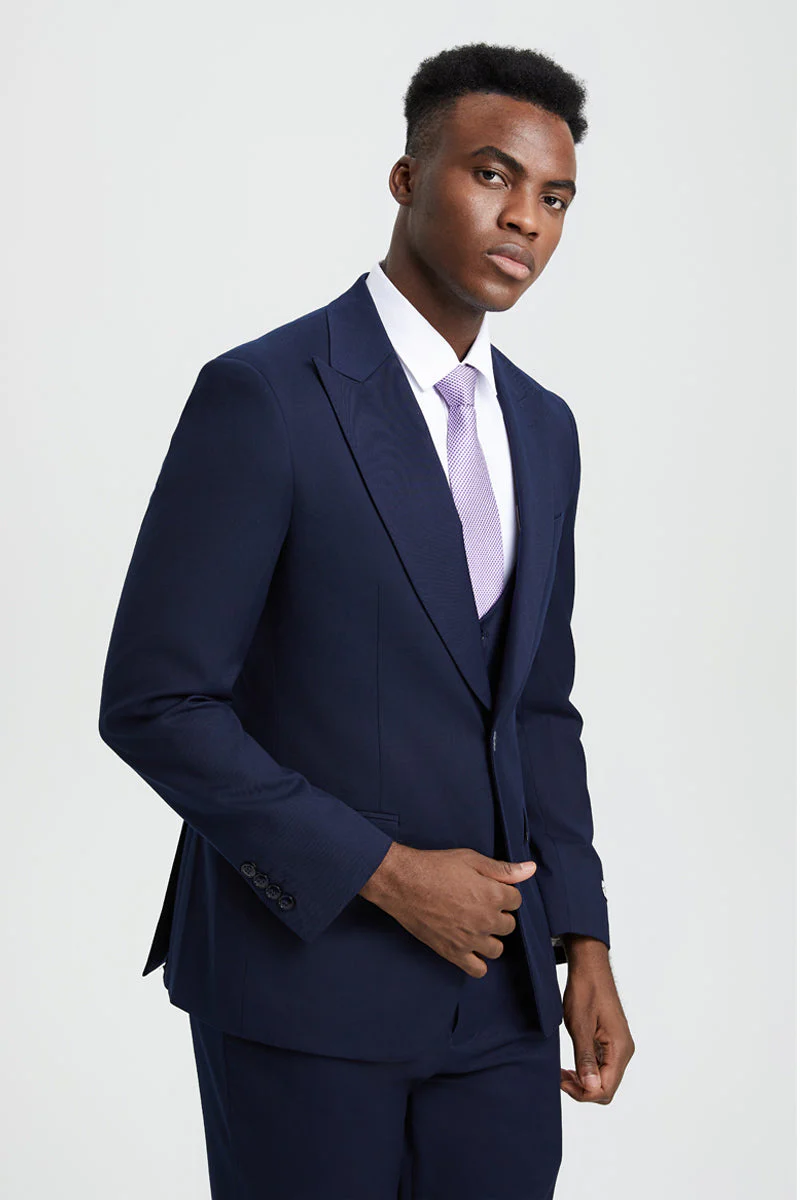 Men's Vested One Button Peak Lapel Stacy Adams Designer Suit in Navy Blue - Image 6