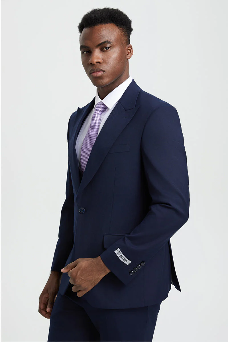 Men's Vested One Button Peak Lapel Stacy Adams Designer Suit in Navy Blue - Image 7
