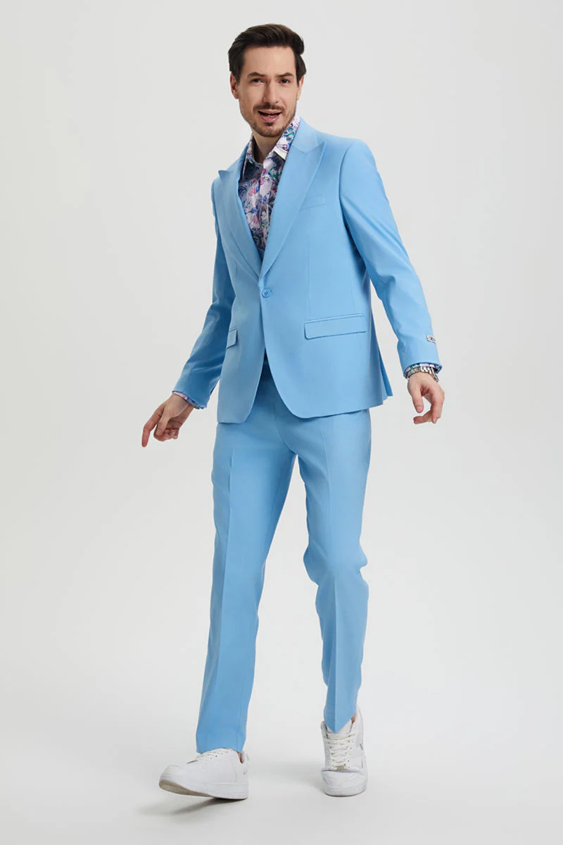 Men's Vested One Button Peak Lapel Stacy Adams Designer Suit in Sky Blue - Image 3