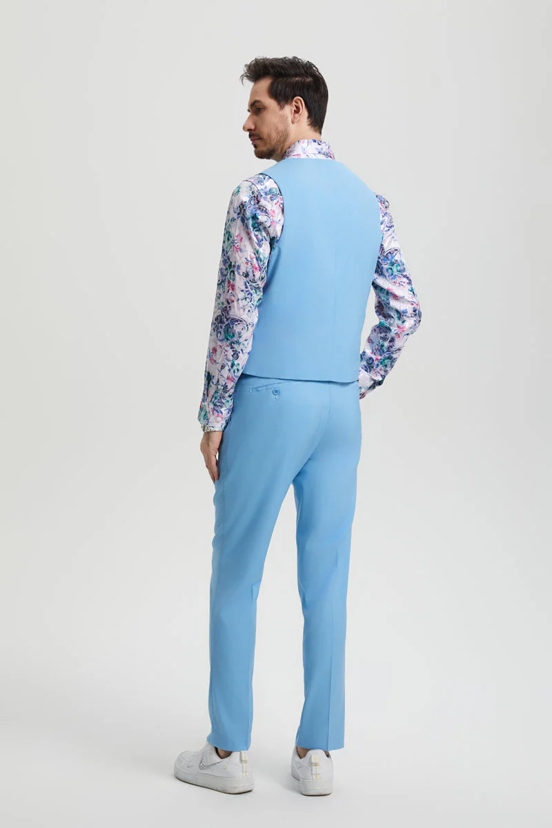 Men's Vested One Button Peak Lapel Stacy Adams Designer Suit in Sky Blue - Image 7