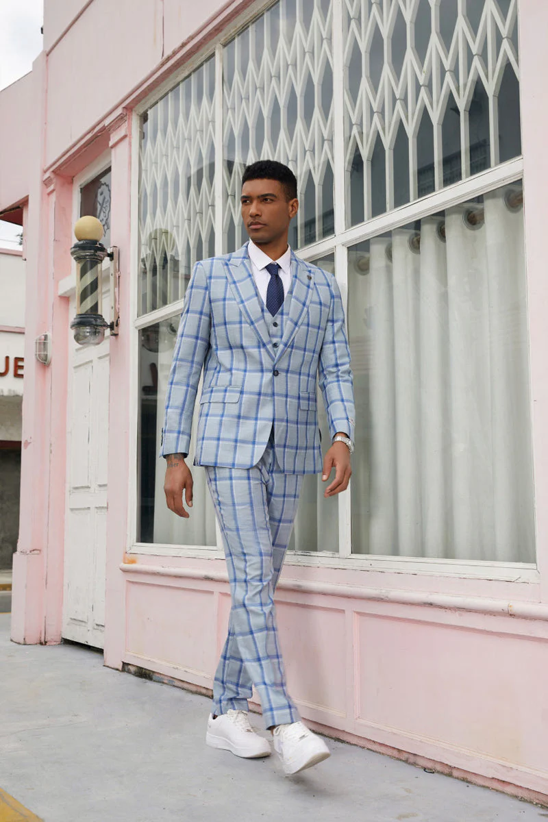 "Mens Stacy Adams Suit - Stacy Adams  Suit Men's Vested Peak Lapel Plaid Suit -  Blue Windowpane" - Image 2