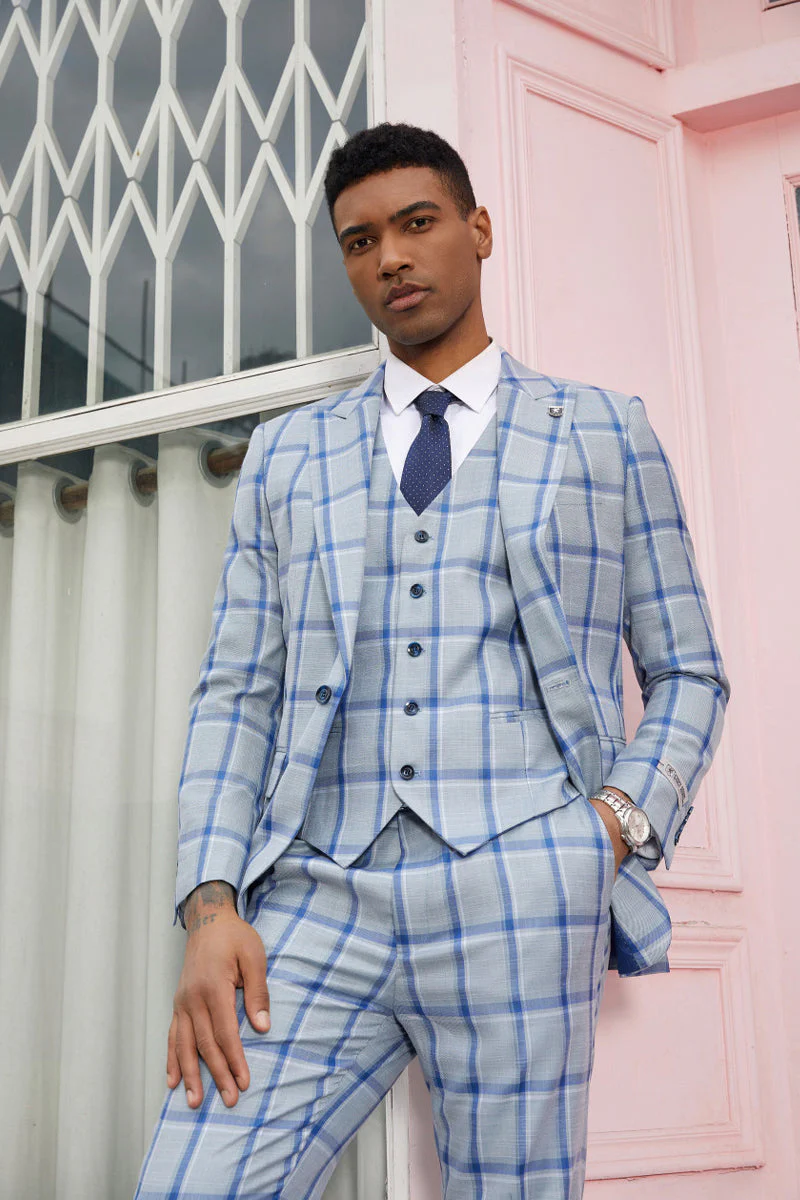 "Mens Stacy Adams Suit - Stacy Adams  Suit Men's Vested Peak Lapel Plaid Suit -  Blue Windowpane" - Image 3