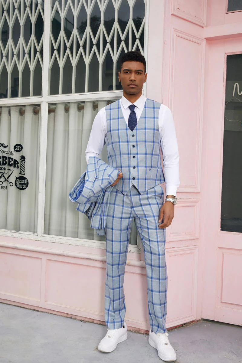 "Mens Stacy Adams Suit - Stacy Adams  Suit Men's Vested Peak Lapel Plaid Suit -  Blue Windowpane" - Image 4