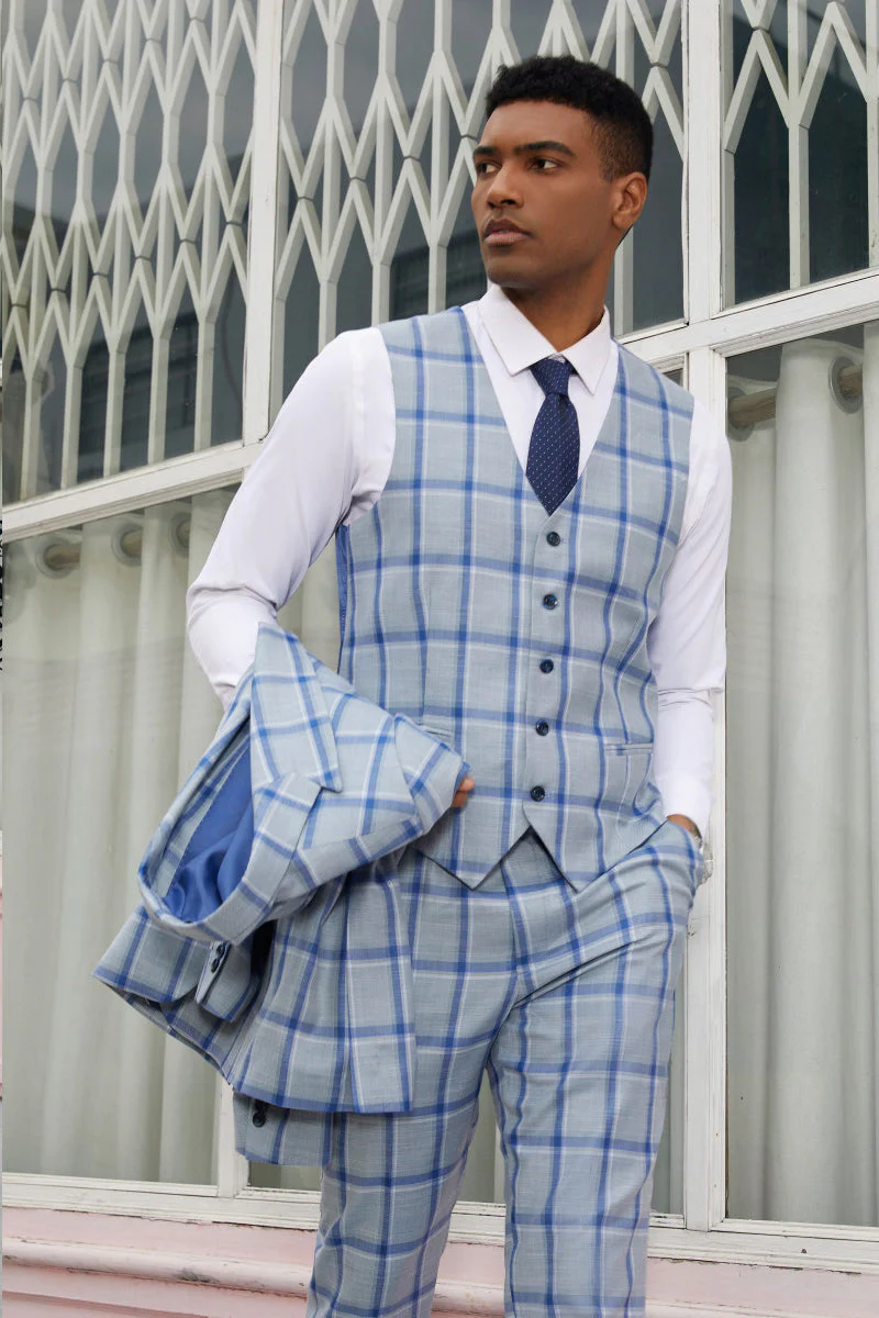 "Mens Stacy Adams Suit - Stacy Adams  Suit Men's Vested Peak Lapel Plaid Suit -  Blue Windowpane" - Image 5