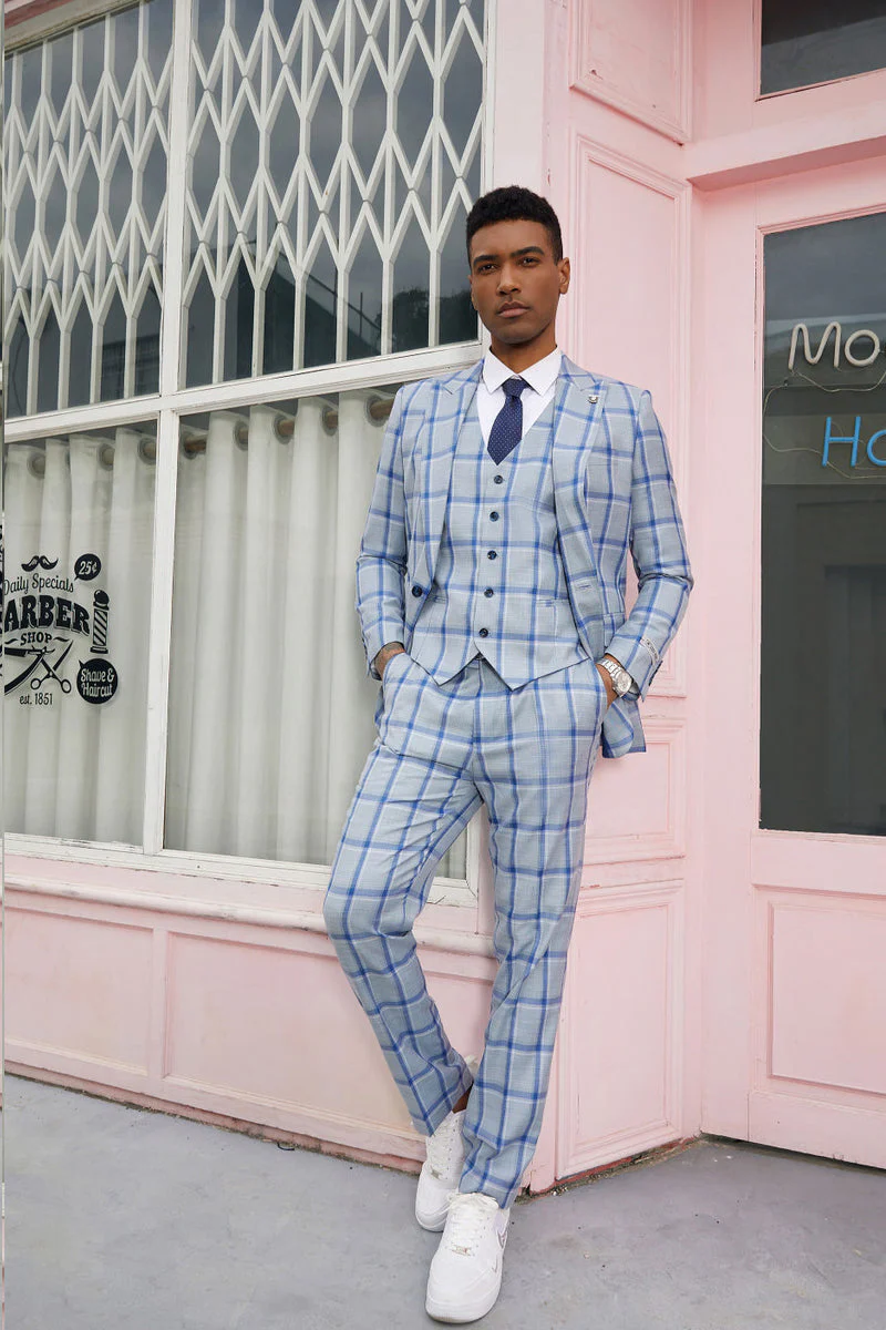 "Mens Stacy Adams Suit - Stacy Adams  Suit Men's Vested Peak Lapel Plaid Suit -  Blue Windowpane" - Image 6