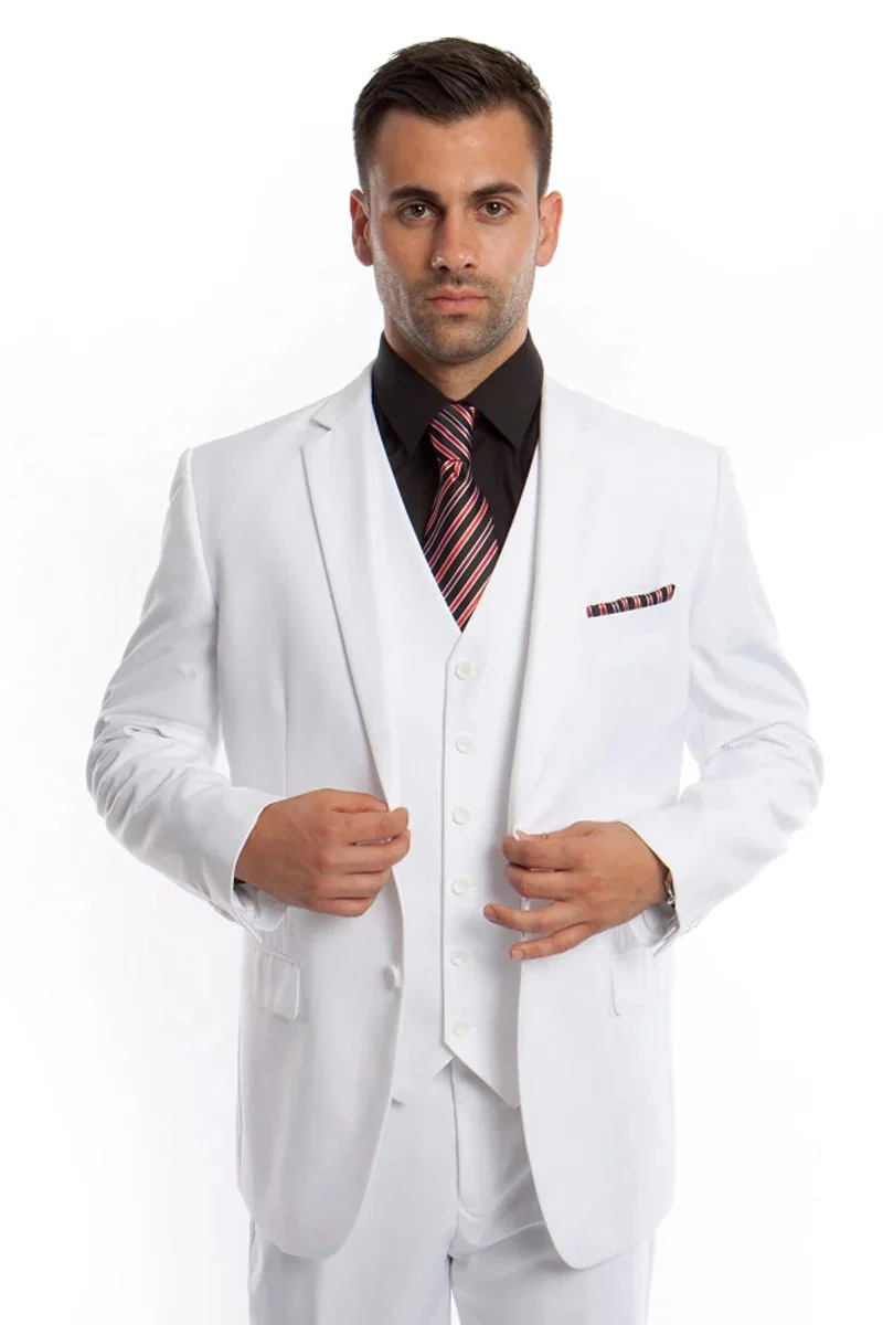 Men's Vested Two Button Solid Color Wedding  Business Suit in White