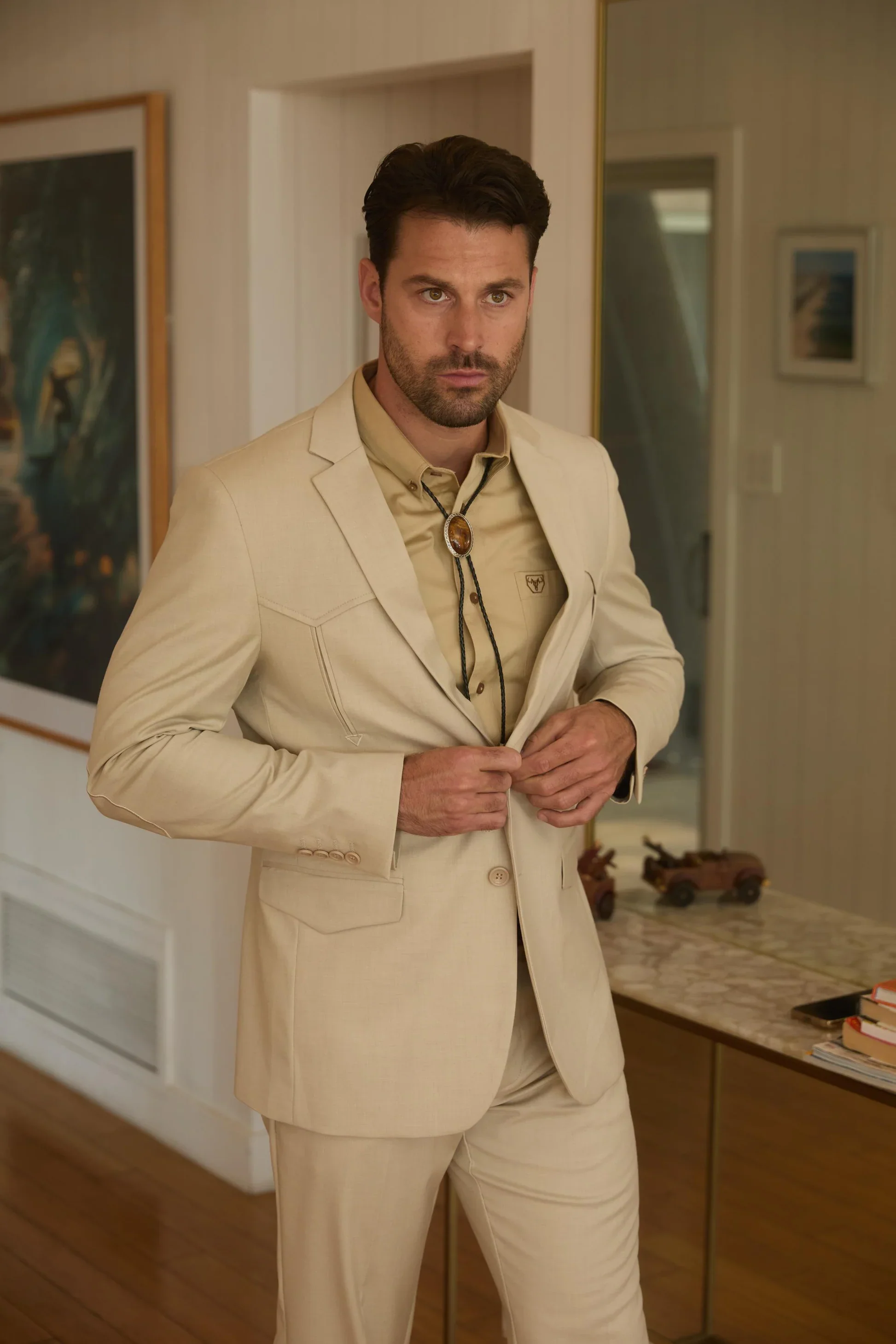 Mens Western Beige Suit with Elbow Patches – Classic Smart Casual Style - Image 4