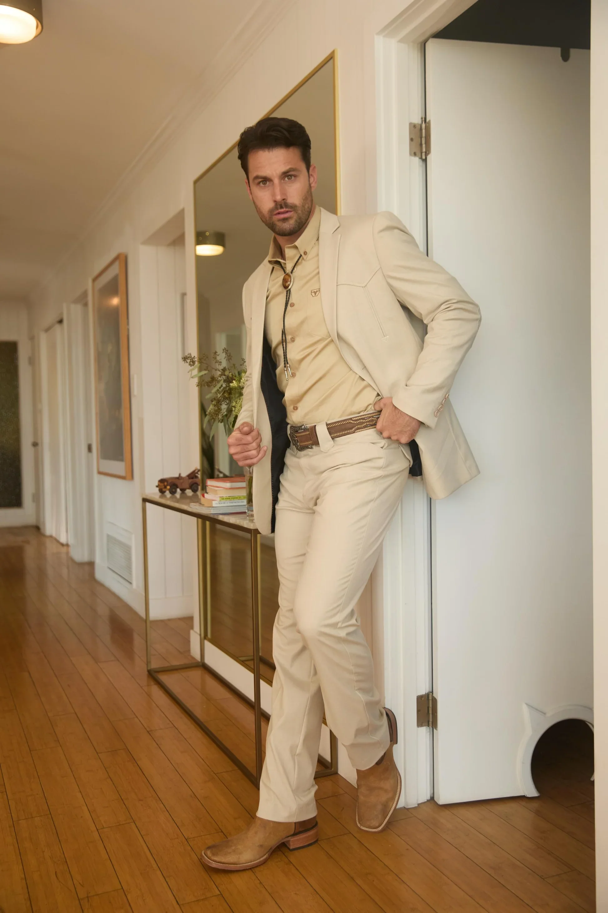 Mens Western Beige Suit with Elbow Patches – Classic Smart Casual Style - Image 5