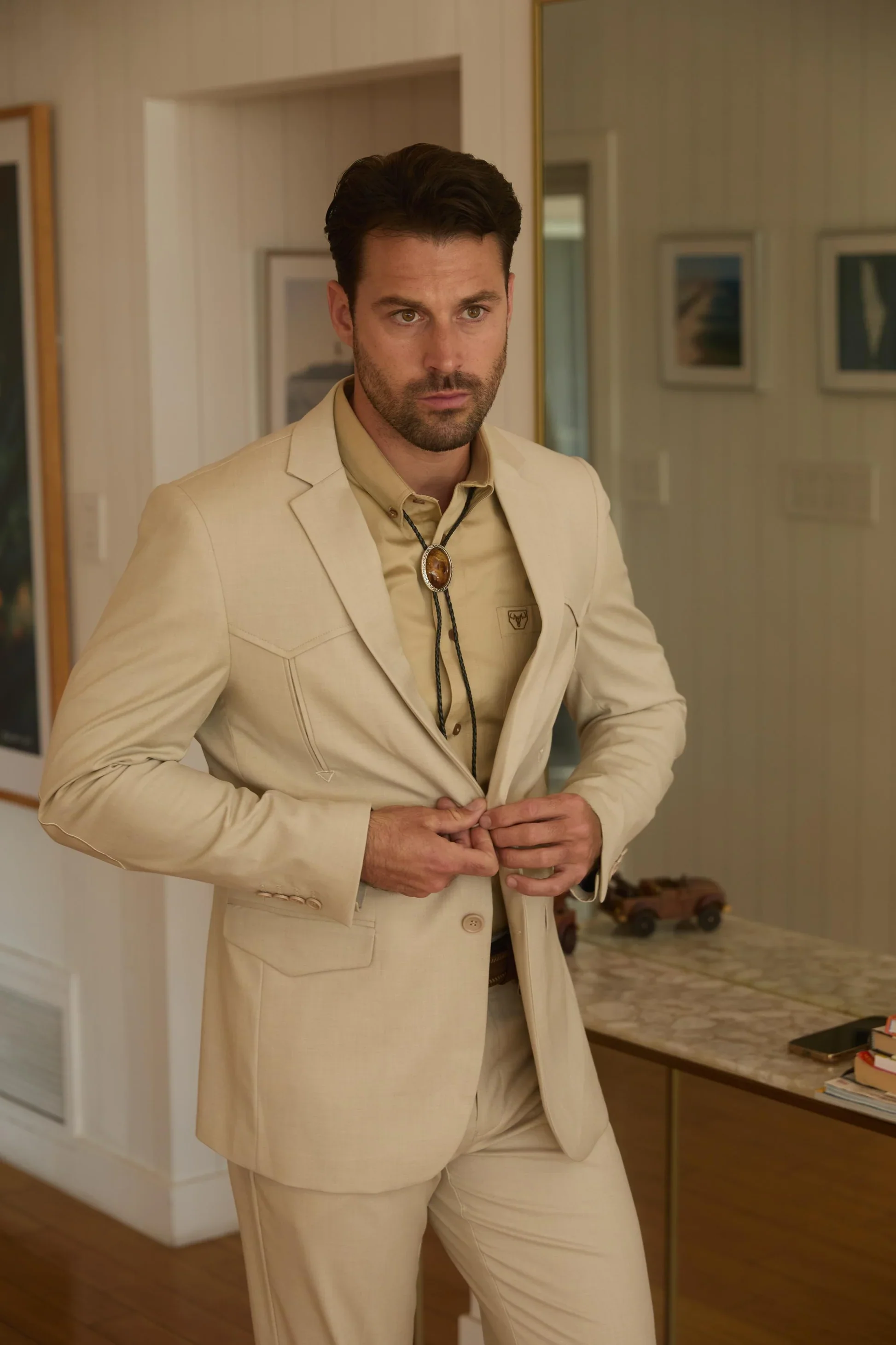 Mens Western Beige Suit with Elbow Patches – Classic Smart Casual Style - Image 6