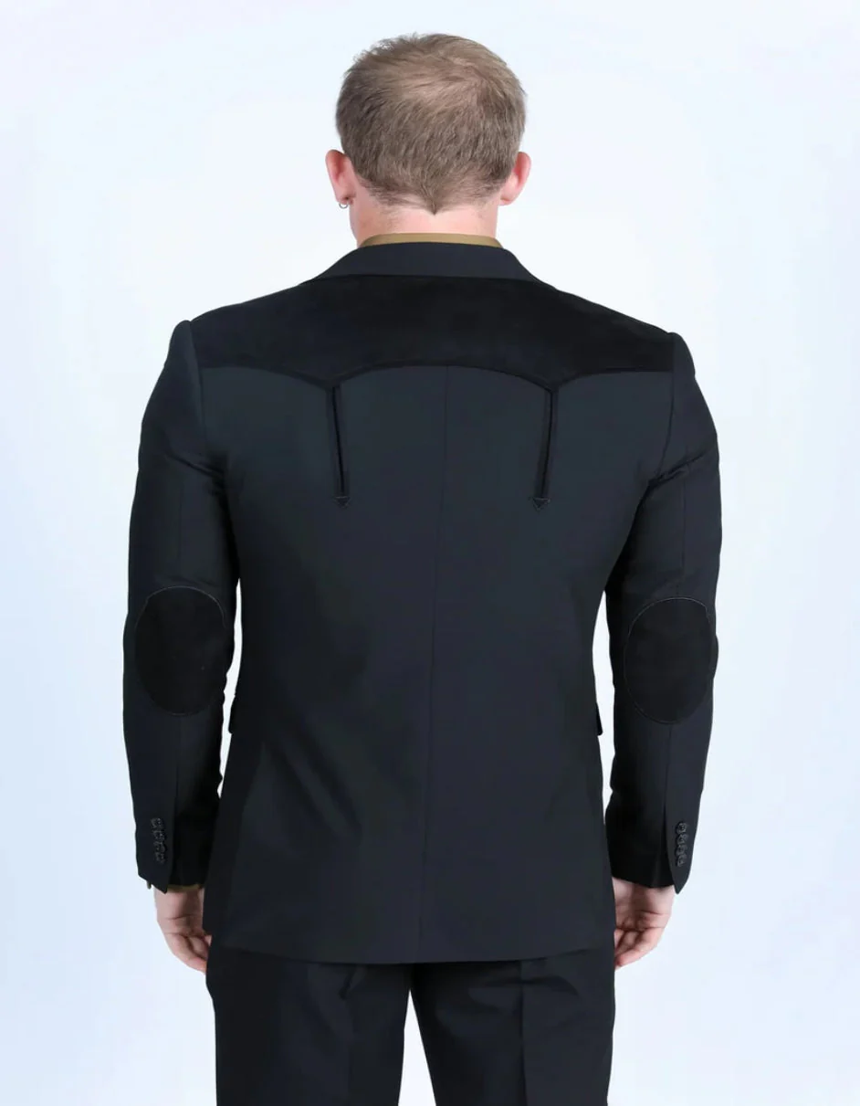 Men's Western Black Suit Sport Coat with Suede Yokes and Elbow Patches - Image 3