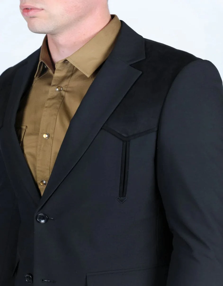 Men's Western Black Suit Sport Coat with Suede Yokes and Elbow Patches - Image 4