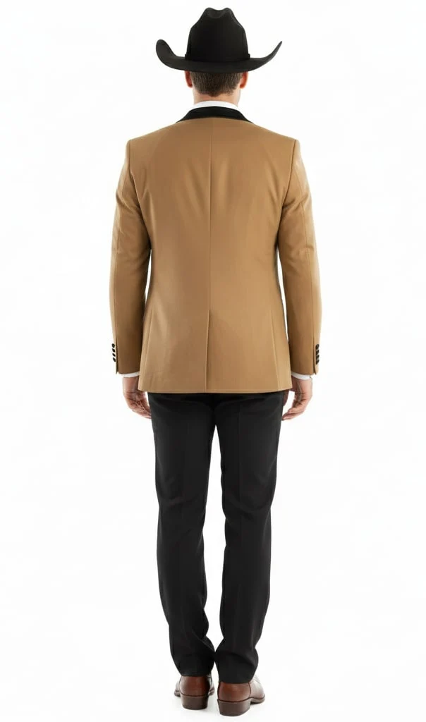 Mens Western Cowboy Tuxedo – Tan and Black 3-Piece Suit with Satin Lapel and Vest in Mocca Coffee Color - Image 2