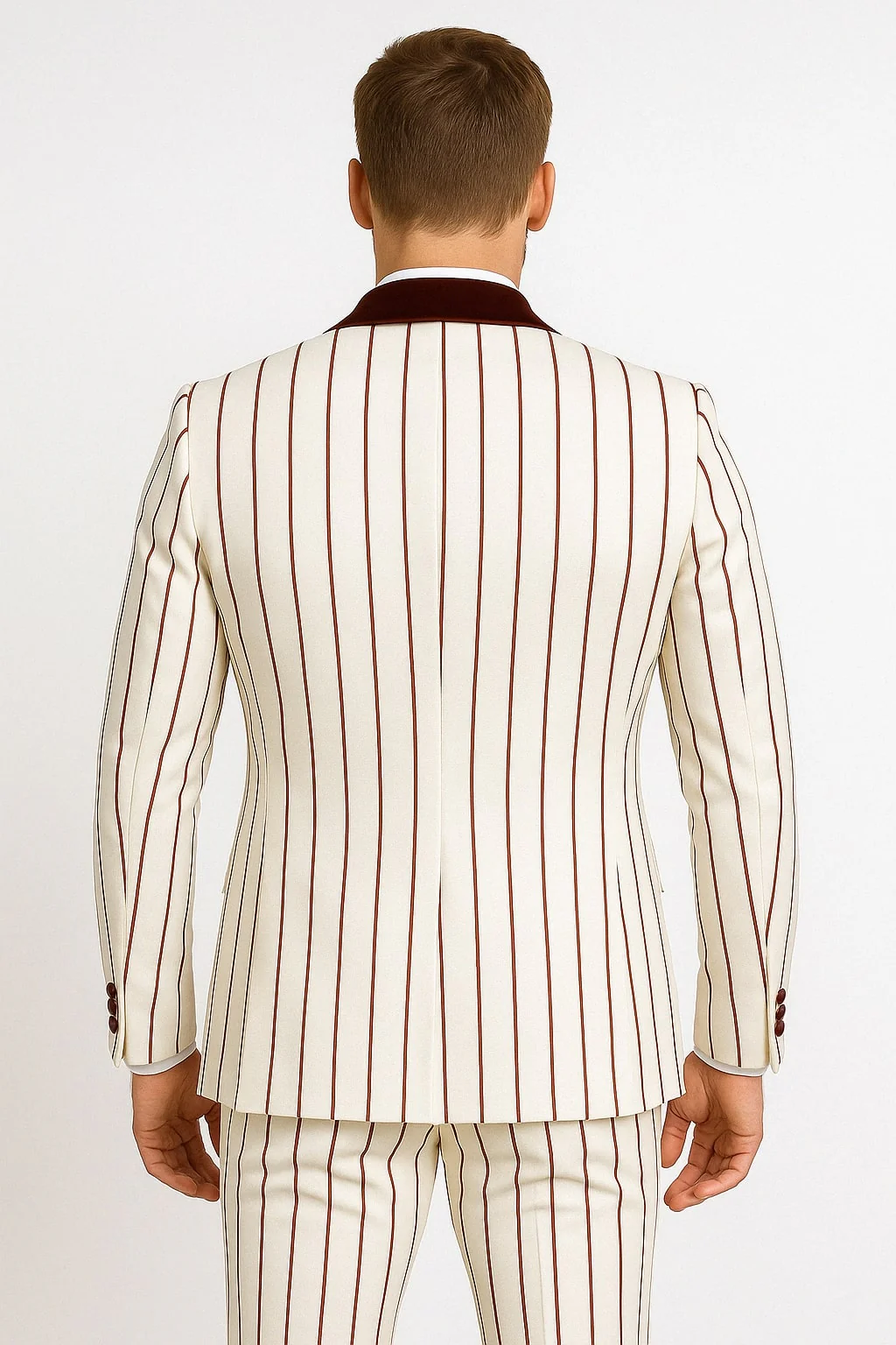 Mens White and Burgundy Pinstripe Tuxedo with Velvet Shawl Lapel and Matching Bow Tie - Image 2