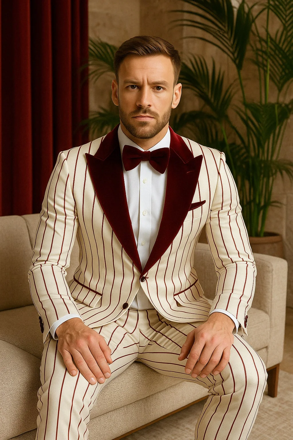 Mens White and Burgundy Pinstripe Tuxedo with Velvet Shawl Lapel and Matching Bow Tie - Image 3