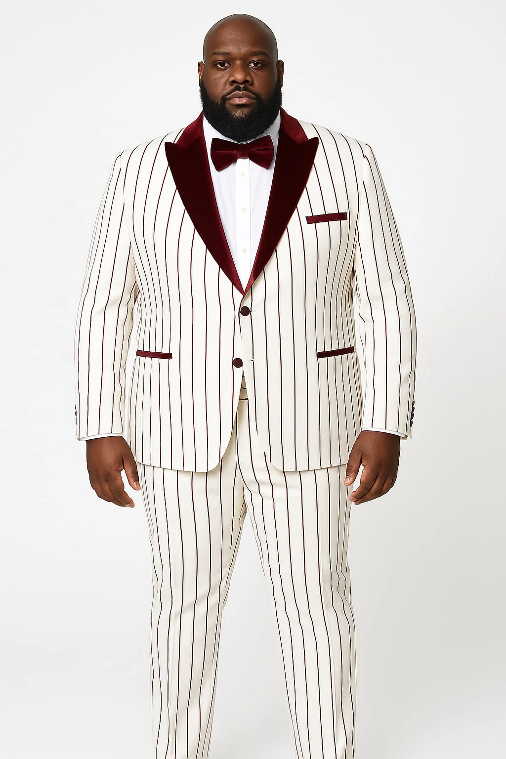 Mens White and Burgundy Pinstripe Tuxedo with Velvet Shawl Lapel and Matching Bow Tie - Image 4