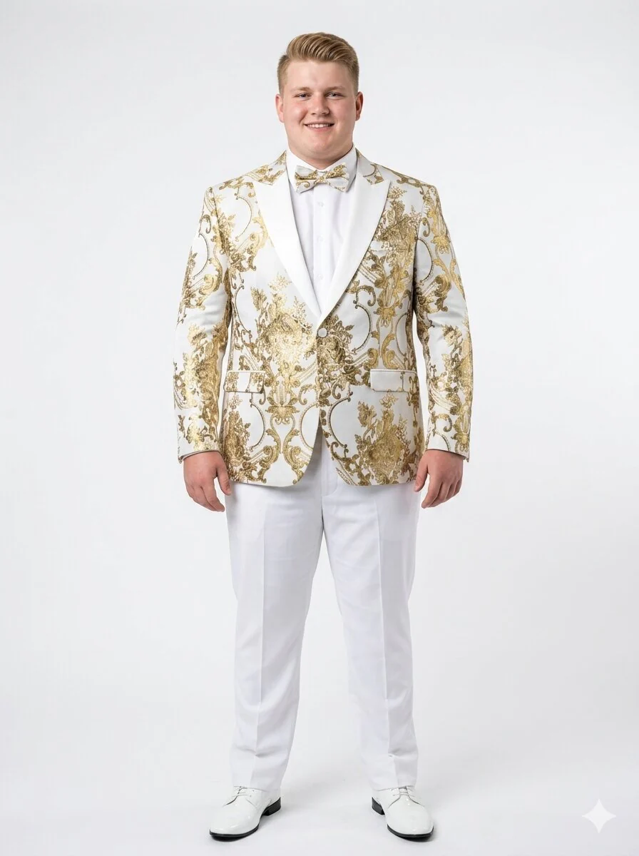 Mens White and Gold Floral Tuxedo Jacket with Satin Lapel – Luxury Prom, Wedding and Formal Dinner Blazer - Image 8