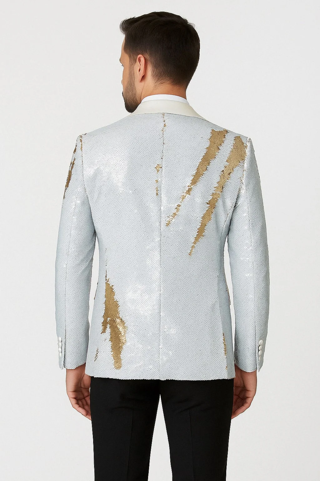 Mens White and Gold Reversible Sequin Tuxedo Jacket with Satin Lapel and Matching Bow Tie - Image 2