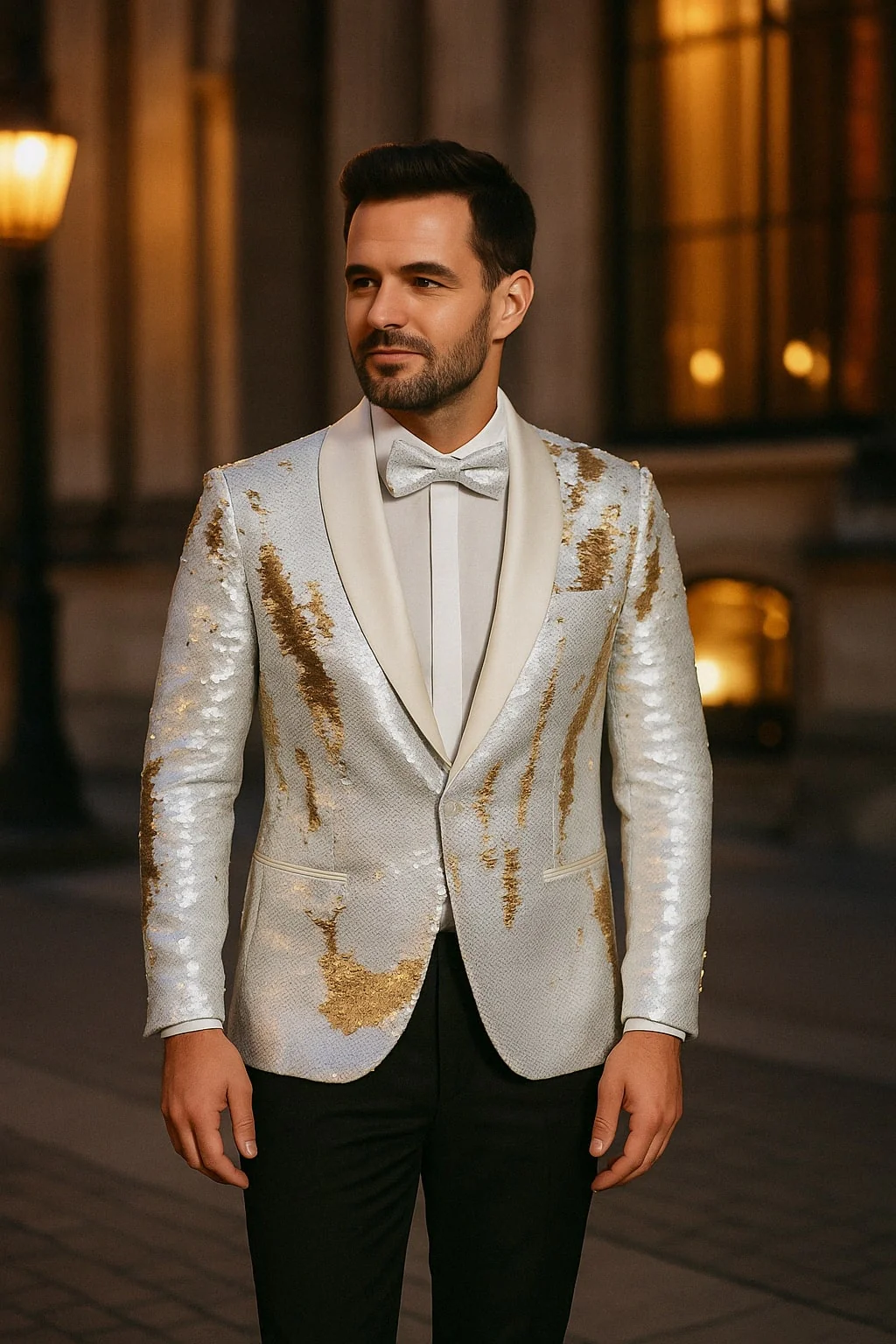 Mens White and Gold Reversible Sequin Tuxedo Jacket with Satin Lapel and Matching Bow Tie - Image 4