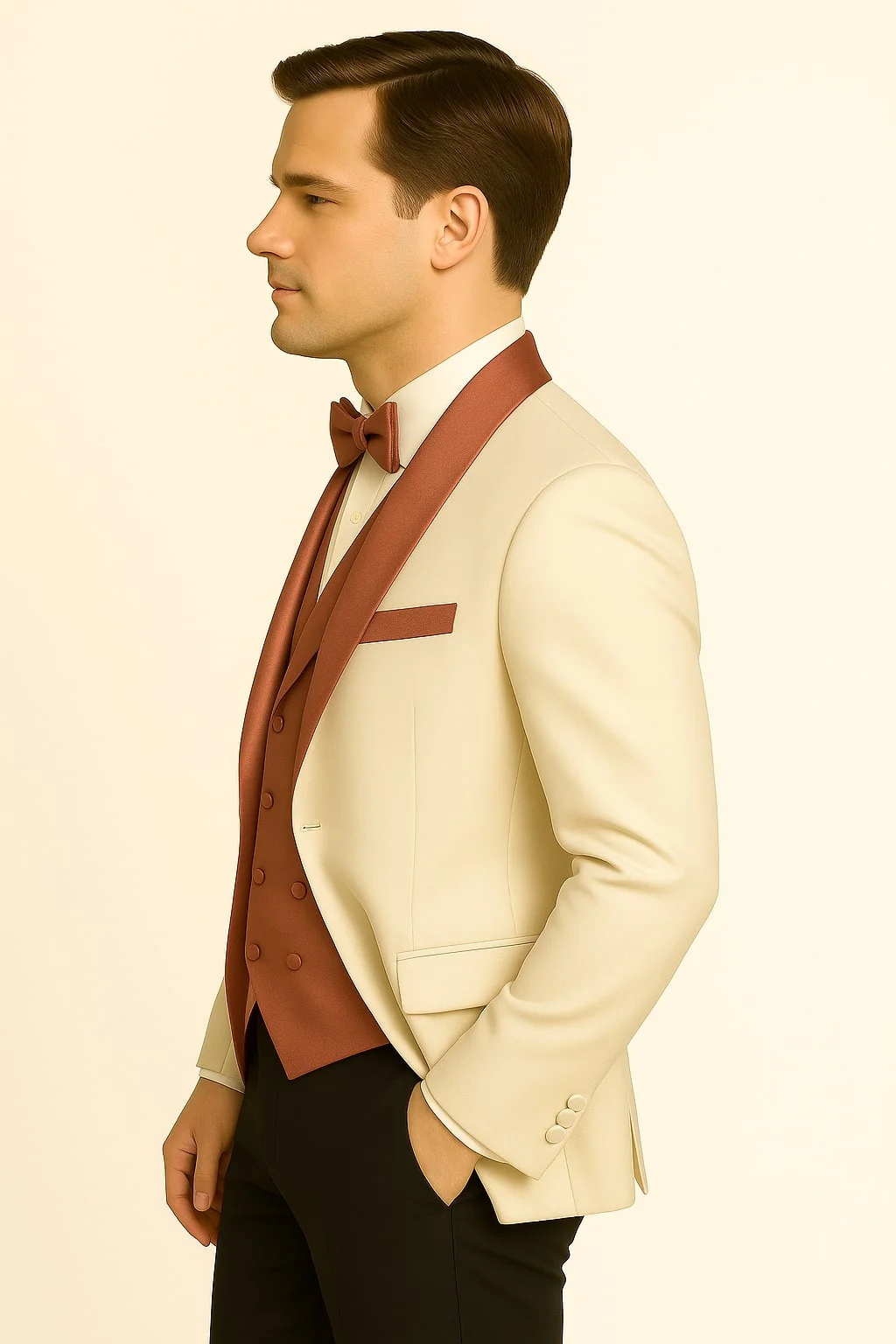 Men's White and Rose Gold Tuxedo with Mauve Satin Vest and Bow Tie – Elegant Formalwear for Weddings and Events - Image 4