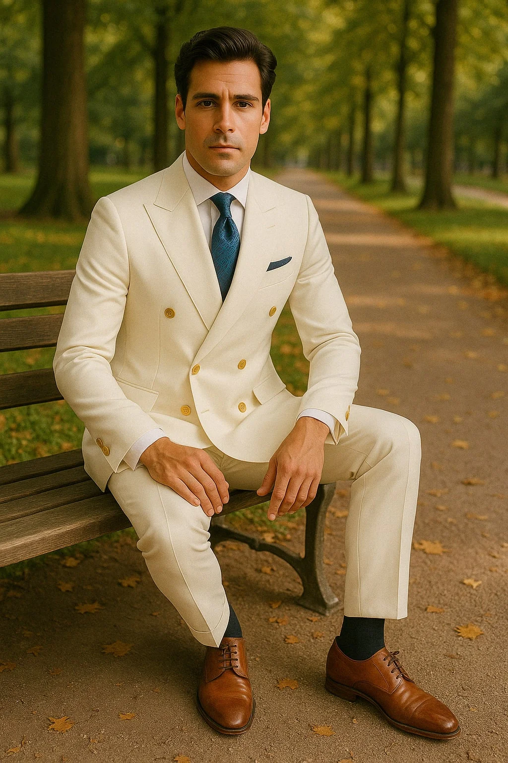 Mens White Double-Breasted Suit with Gold Buttons ƒ?? Formal Slim Fit 2-Piece Set - Image 2