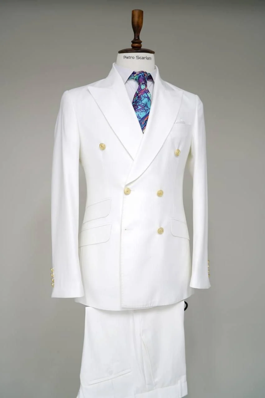 Mens White Double-Breasted Suit with Gold Buttons ƒ?? Formal Slim Fit 2-Piece Set - Image 4