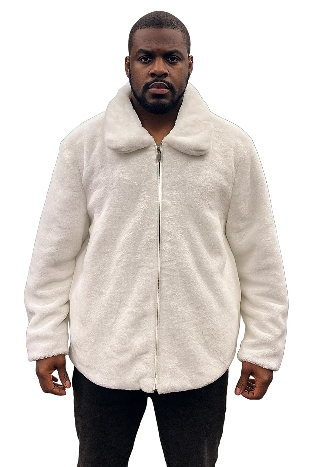 Men's White Fur Short Coat – Single Breasted, Full Zip, Regular Fit - Image 4