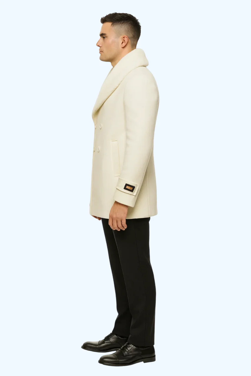 Mens White Peacoat Double-Breasted Overcoat with Faux Fur Shawl Collar – Alberto Nardoni Collection Wool Fabric - Image 3