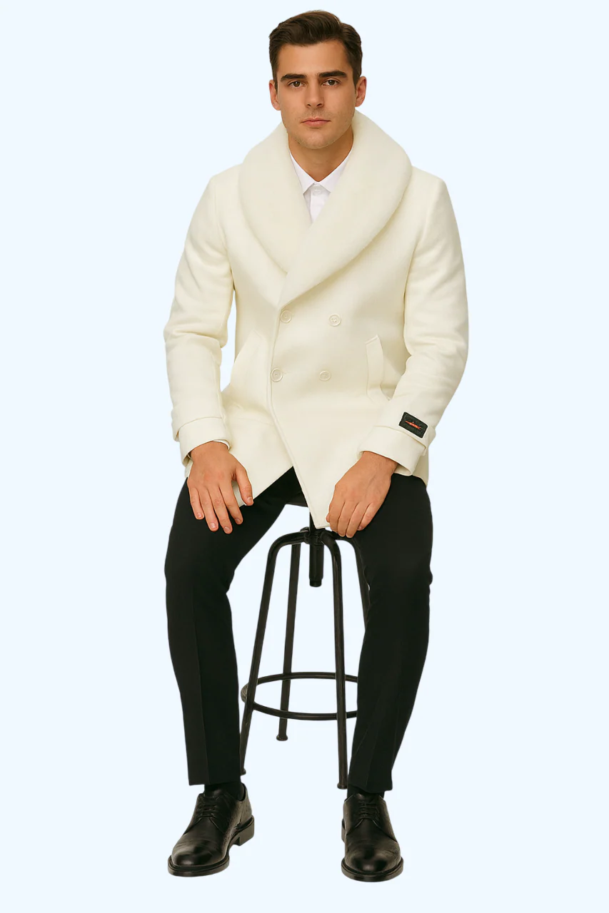Mens White Peacoat Double-Breasted Overcoat with Faux Fur Shawl Collar – Alberto Nardoni Collection Wool Fabric - Image 4