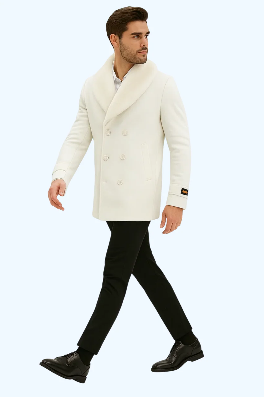 Mens White Peacoat Double-Breasted Overcoat with Faux Fur Shawl Collar – Alberto Nardoni Collection Wool Fabric - Image 7