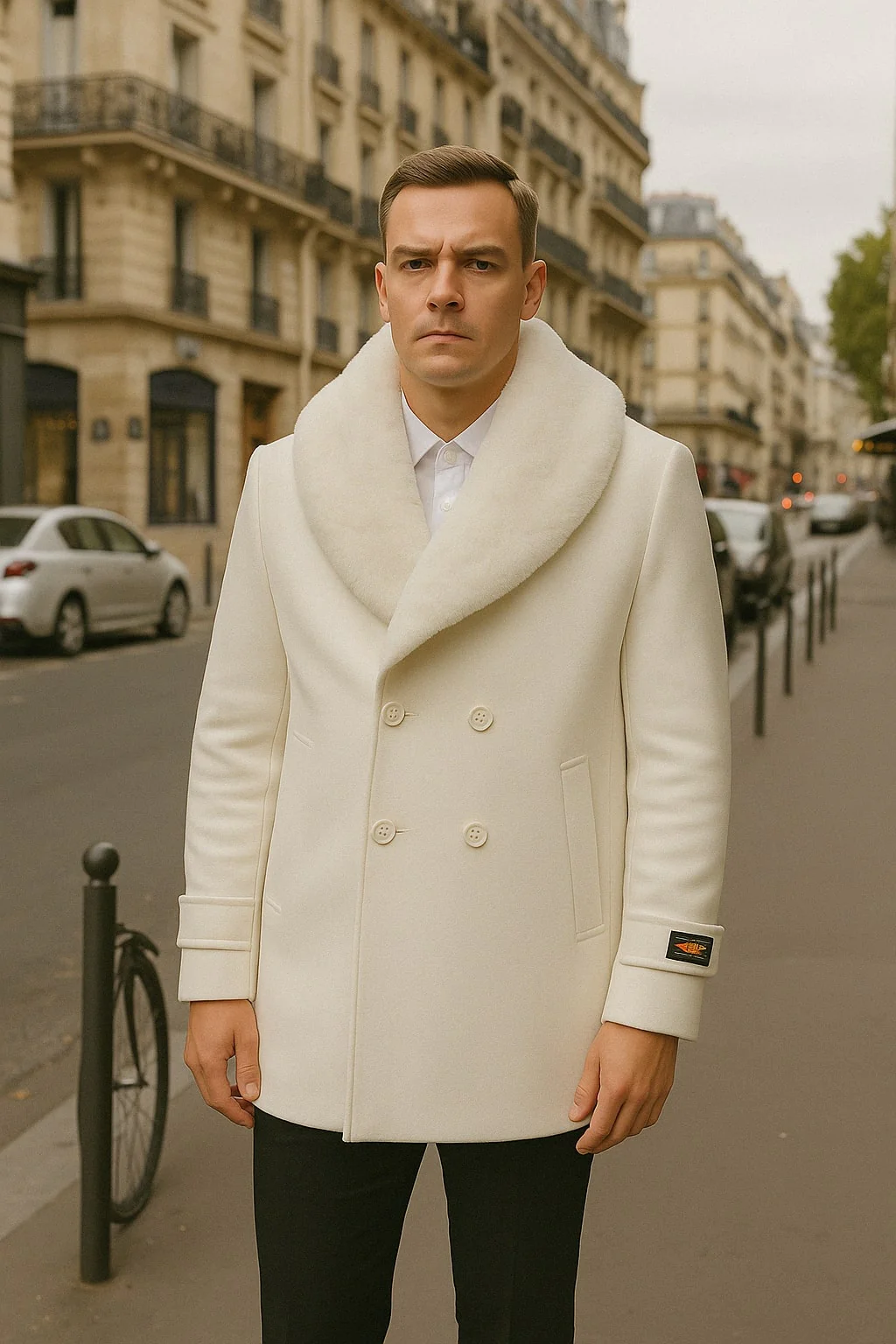 Mens White Peacoat Double-Breasted Overcoat with Faux Fur Shawl Collar – Alberto Nardoni Collection Wool Fabric - Image 9
