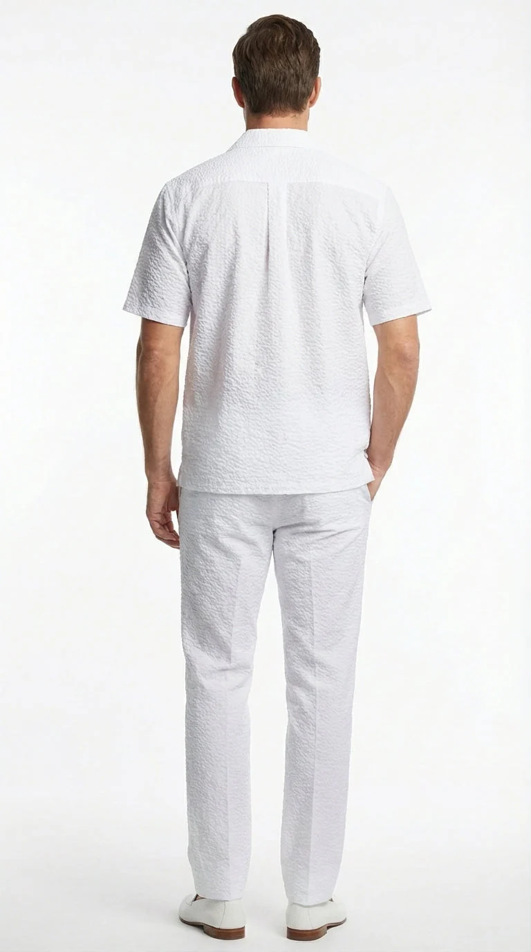 Mens White Seersucker Walking Suit Set – Casual Summer Short Sleeve Outfit with Matching Pants Lightweight Two Piece Set - Image 2