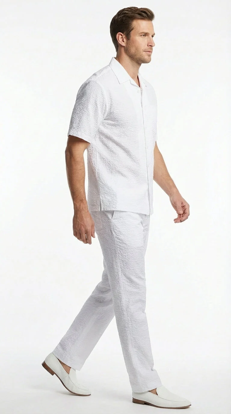 Mens White Seersucker Walking Suit Set – Casual Summer Short Sleeve Outfit with Matching Pants Lightweight Two Piece Set - Image 3