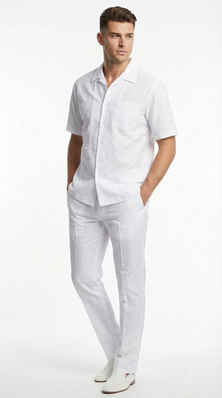 Mens White Seersucker Walking Suit Set – Casual Summer Short Sleeve Outfit with Matching Pants Lightweight Two Piece Set - Image 8