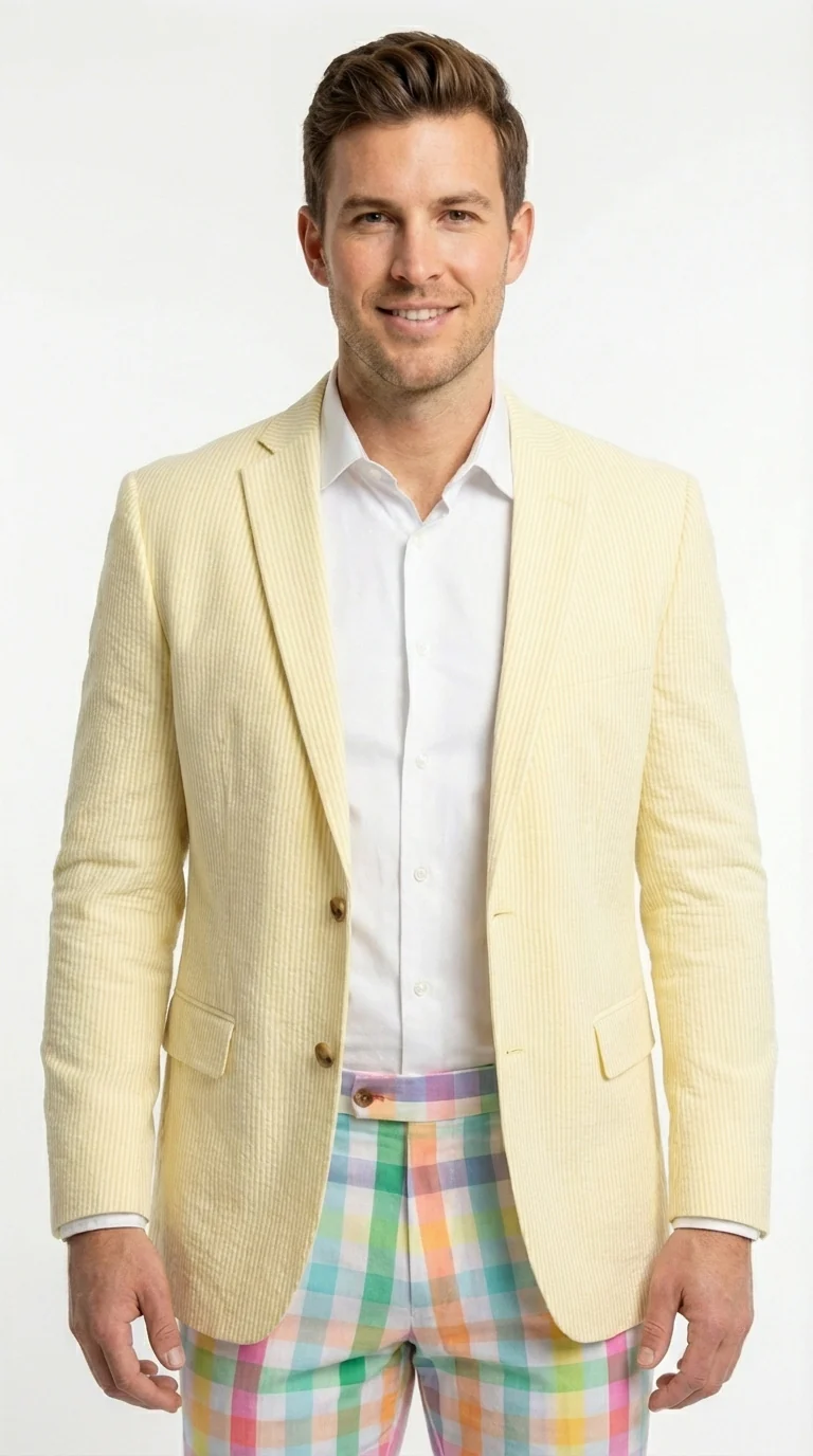 Mens Yellow Seersucker Blazer – Lightweight Summer Sport Coat Formal Casual Wedding Party Jacket - Image 3