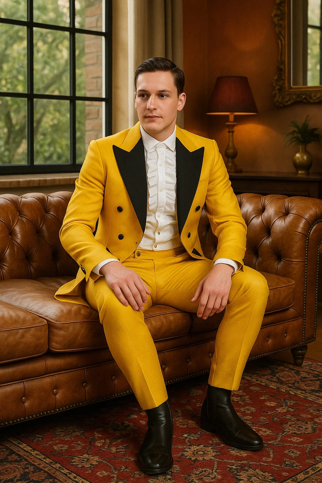 Mens Yellow Tailcoat Tuxedo with Black Lapel and Brocade Detailing – Formal Vintage Style Suit - Image 3