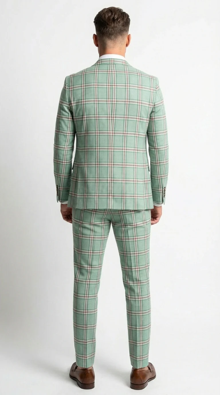 Mint Green Plaid Three Piece Suit for Men | Classic Checkered Formal Suit with Jacket Vest and Pants By Rossiman - Image 2