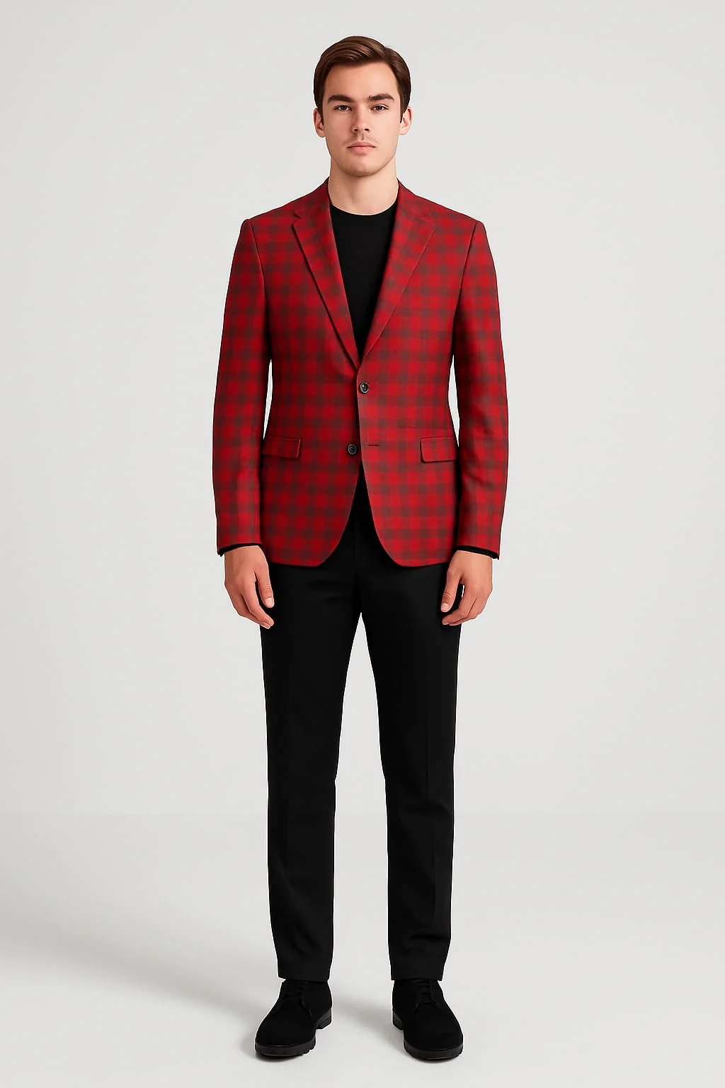 Modern Red Plaid Blazer – Tartan Windowpane Pattern Christmas Party Color - Image 3