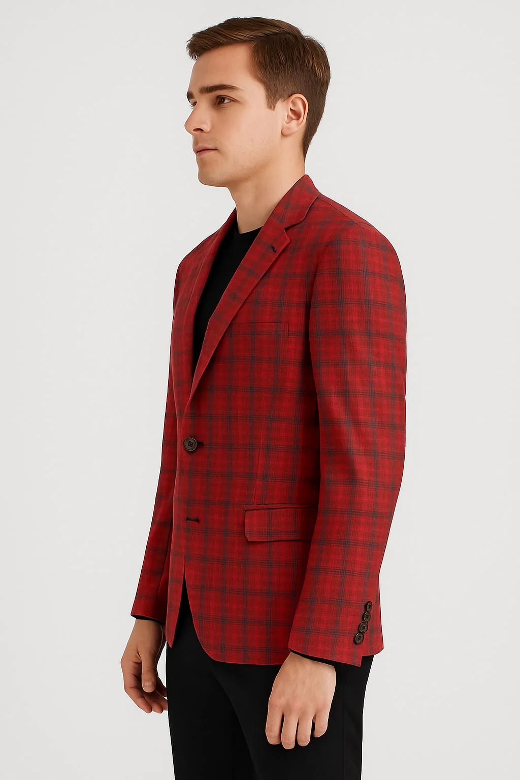 Modern Red Plaid Blazer – Tartan Windowpane Pattern Christmas Party Color - Image 4