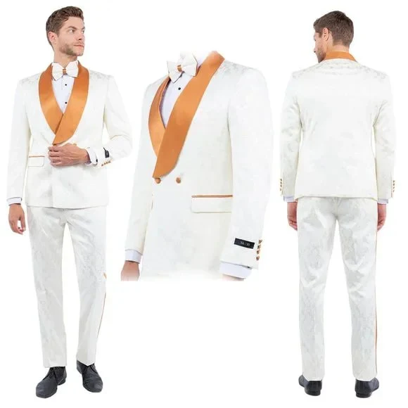 New Paisely Skinny Fit Tuxedo Double-Breasted By Tazio, Ivory & Rustic Orange - Image 2