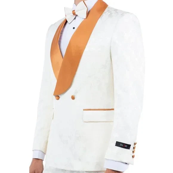 New Paisely Skinny Fit Tuxedo Double-Breasted By Tazio, Ivory & Rustic Orange - Image 3
