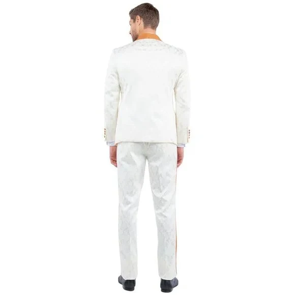 New Paisely Skinny Fit Tuxedo Double-Breasted By Tazio, Ivory & Rustic Orange - Image 4