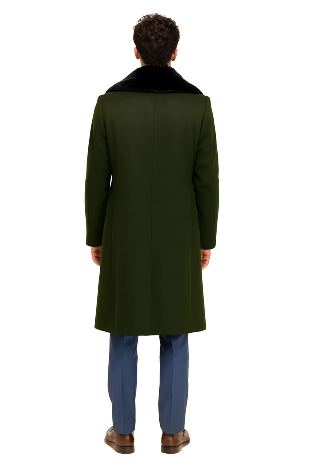 Overcoat ~ Long men's Dress Topcoat - Winter coat With Fur Collar Dark Olive And Wool Fabric - Image 2