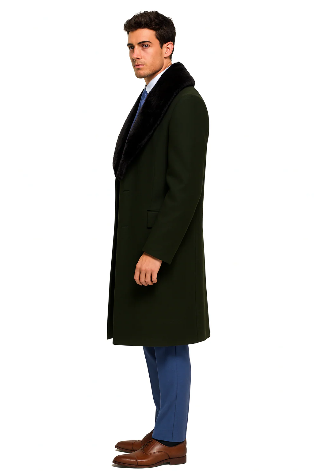 Overcoat ~ Long men's Dress Topcoat - Winter coat With Fur Collar Dark Olive And Wool Fabric - Image 3