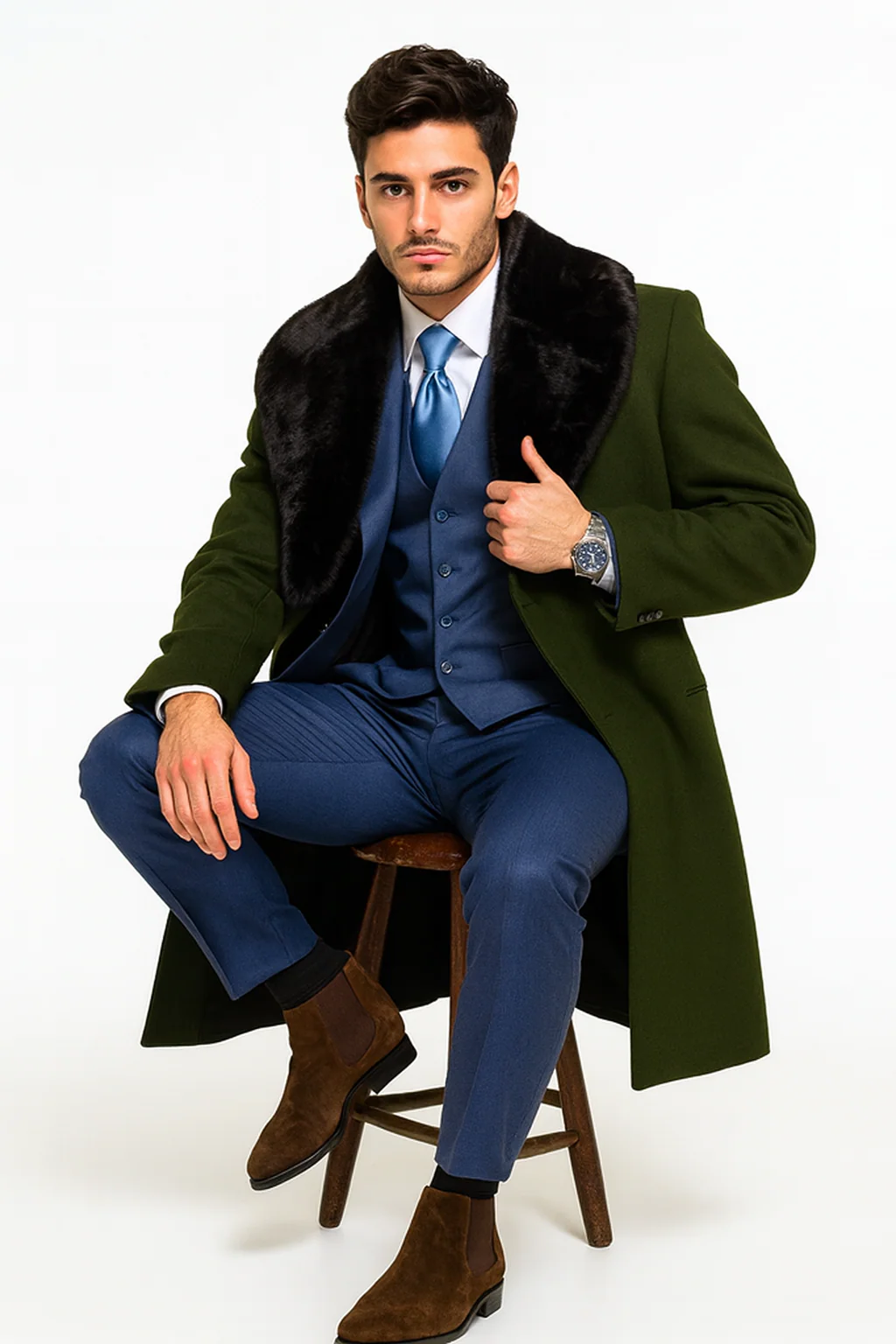 Overcoat ~ Long men's Dress Topcoat - Winter coat With Fur Collar Dark Olive And Wool Fabric - Image 4