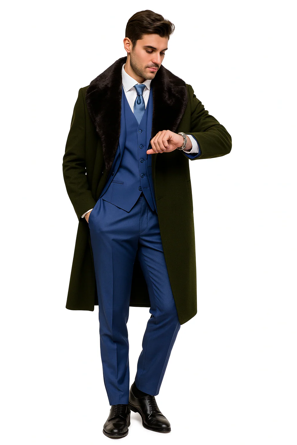 Overcoat ~ Long men's Dress Topcoat - Winter coat With Fur Collar Dark Olive And Wool Fabric - Image 5