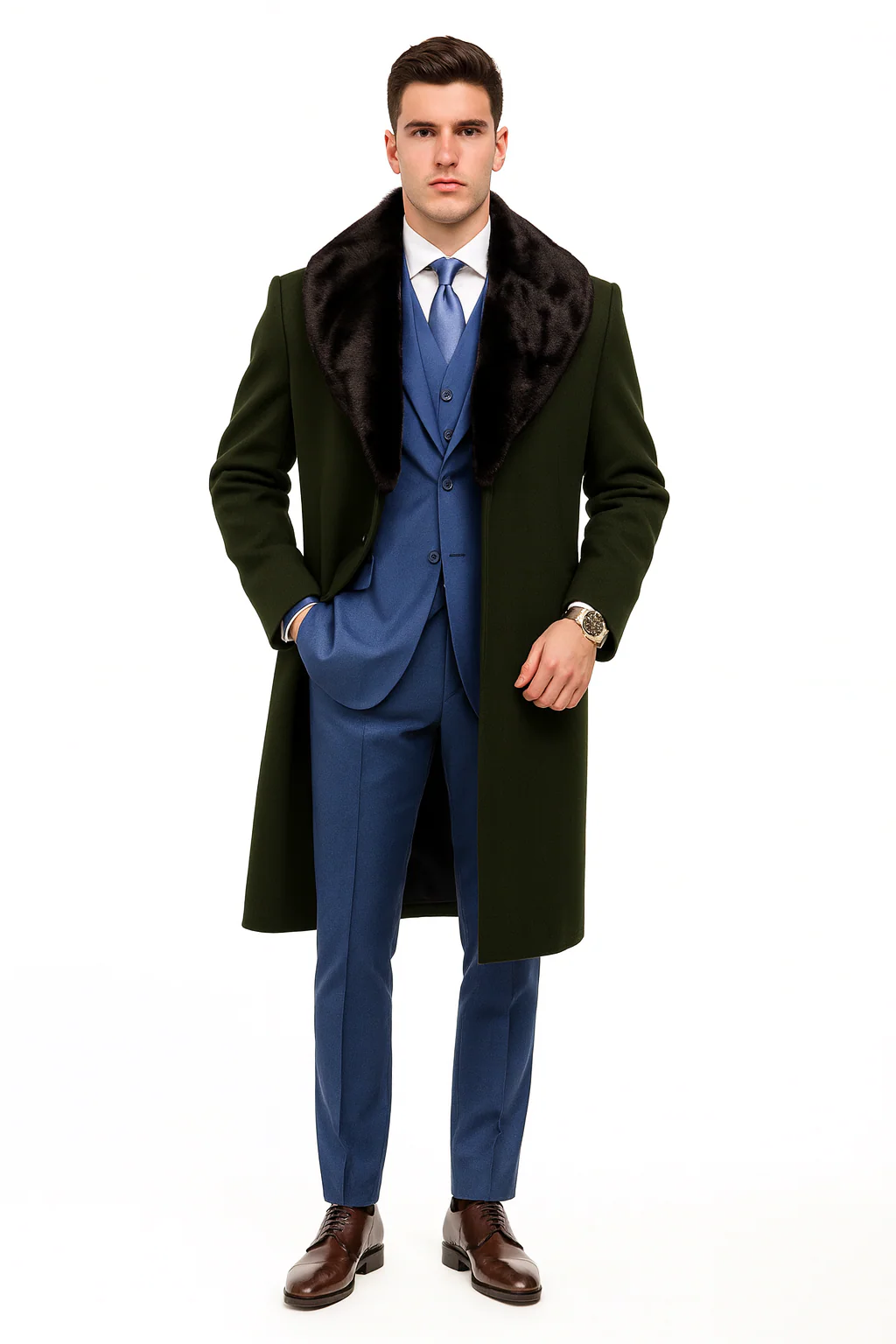 Overcoat ~ Long men's Dress Topcoat - Winter coat With Fur Collar Dark Olive And Wool Fabric - Image 6