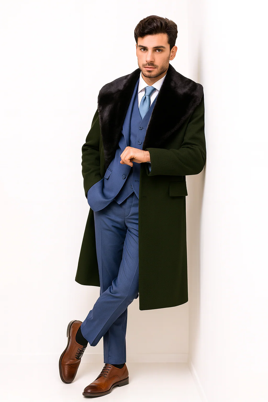 Overcoat ~ Long men's Dress Topcoat - Winter coat With Fur Collar Dark Olive And Wool Fabric - Image 7