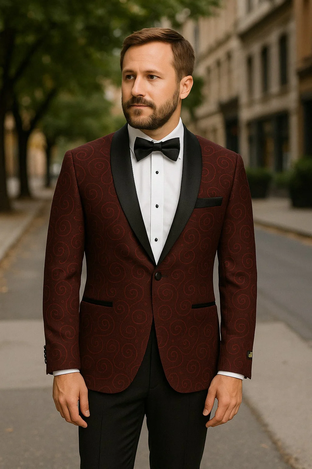 Paisley-300 Burgundy and Black Tuxedo Blazer with Bow Tie - Image 4