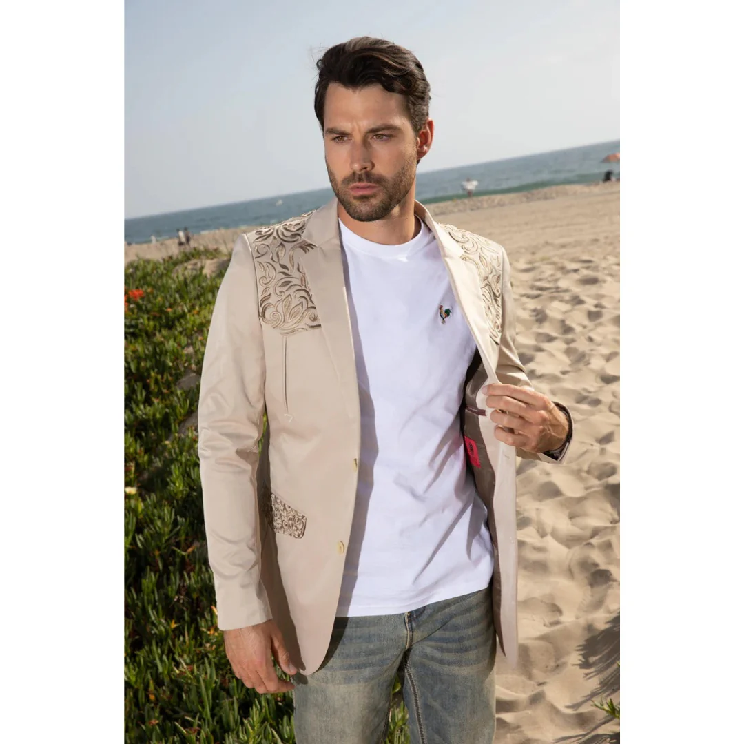 Platini Men’s Beige Embroidered Fashion Blazer - Image 3