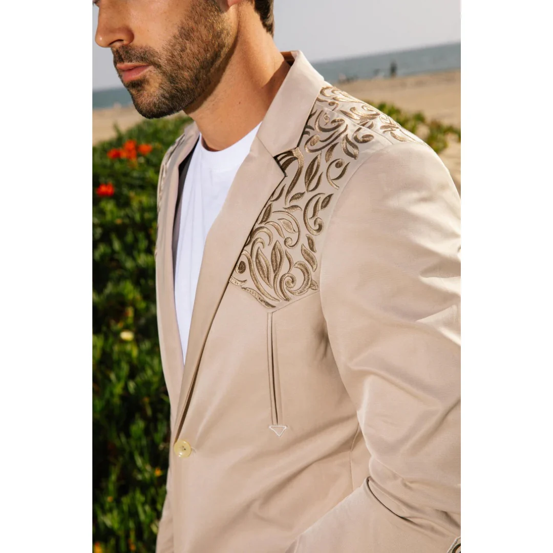 Platini Men’s Beige Embroidered Fashion Blazer - Image 4